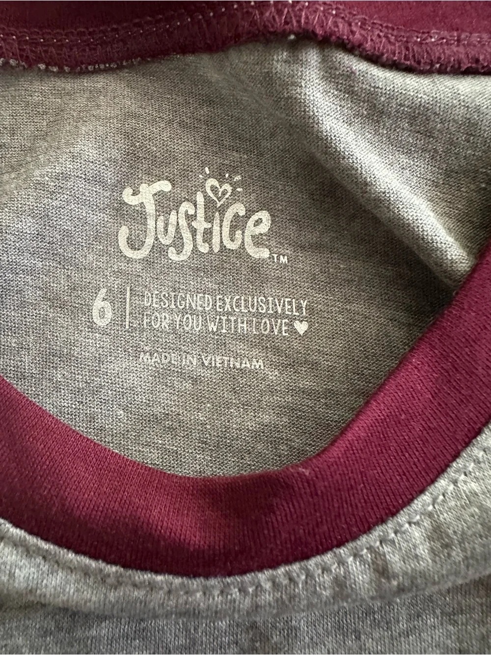 Justice Raglan Tee - Grey Body with Burgundy Trim